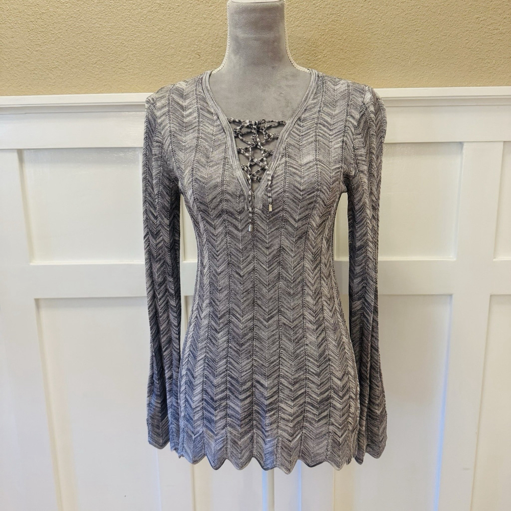 White House Black Market Metallic Shimmer Knit Top Size:S Chevron Lace Up